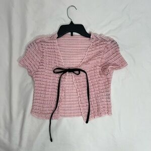 Pink Lace Women Top with Black Bow